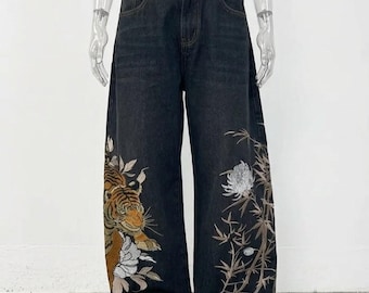 Baggy Embroidered Jeans - Japanese Tiger and Bamboo Design - Y2K Streetwear Wide Leg Denim Pants - Black Oversized Skater Trousers