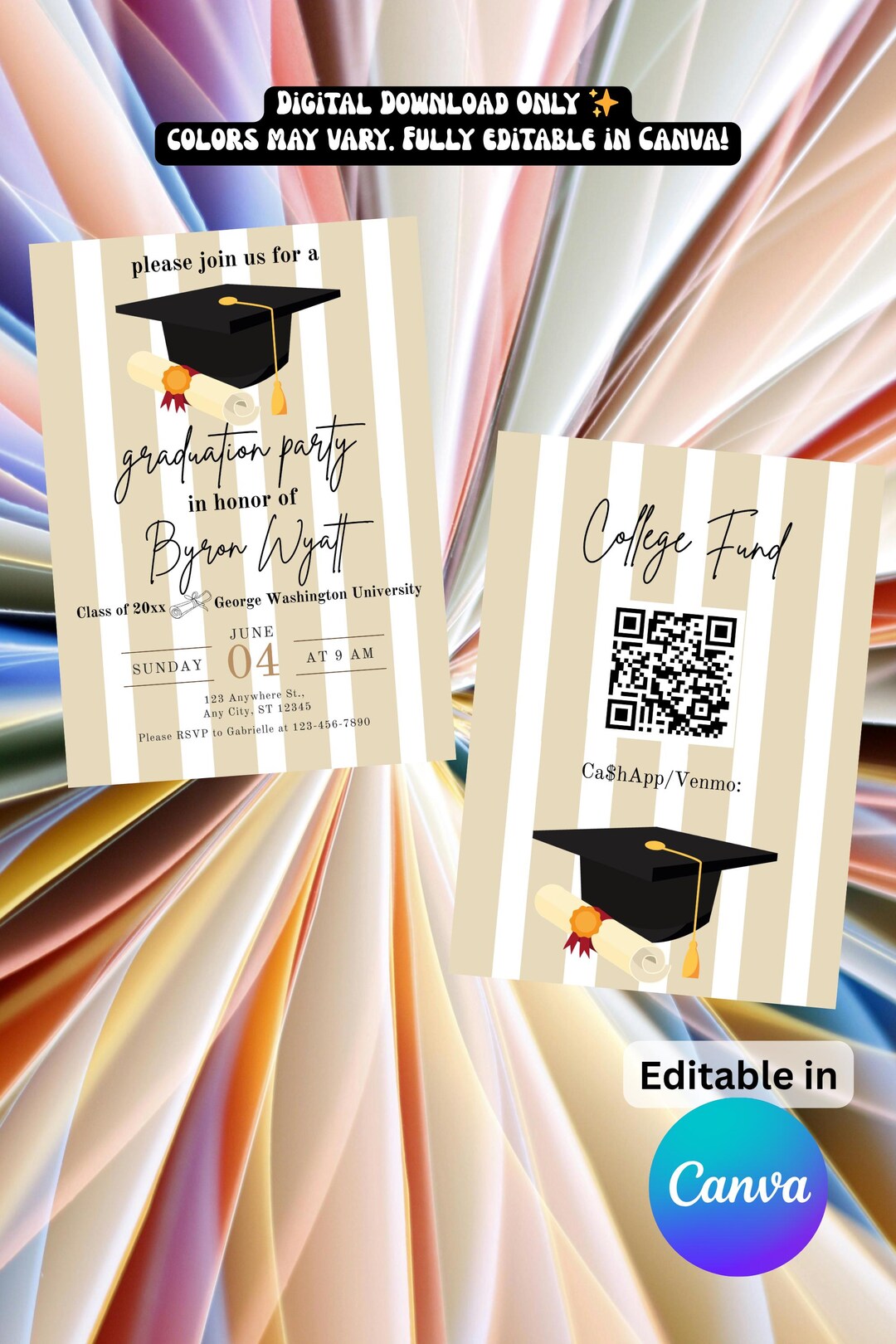 Thick Stripes Cap and Diploma Graduation Invitation & QR Code Card ...
