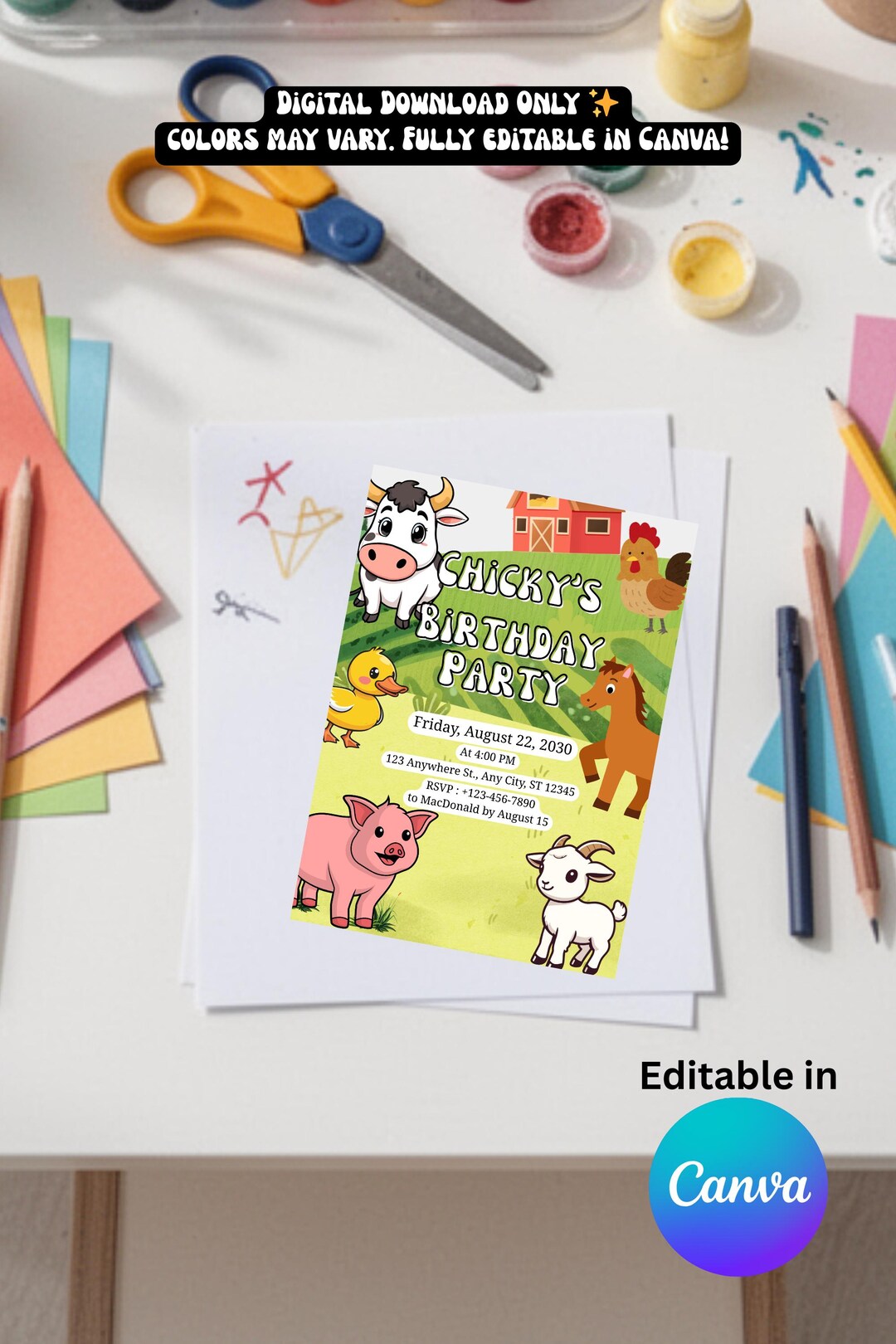 Farm Animals Birthday Invitation Editable Canva Template | Barnyard ...