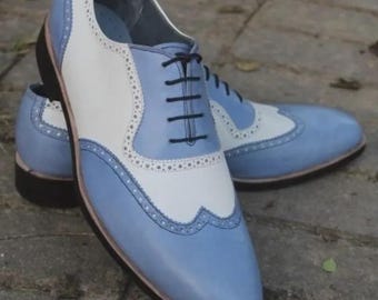 Handmade White Blue Wingtip Oxford Shoes for Love One Men, Bespoke Leather Dress Shoes, Wedding, Engagement, Formal Events, Christmas Gift