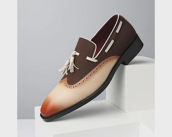 Two Tone Brown Beige Leather Tassel Loafers, Men's Formal Dress Shoes