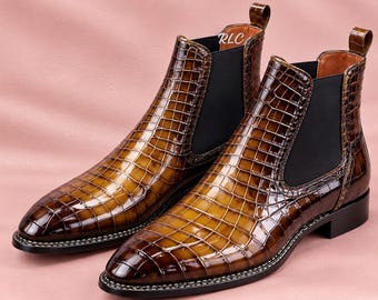 Handmade Crocodile Embossed Leather Chelsea Boots, Custom Size, Smart Dress Boots