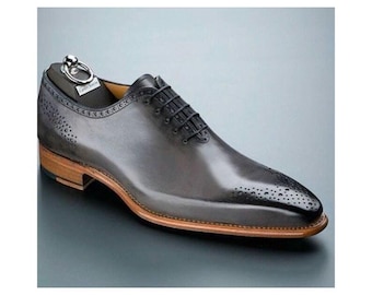 Chaussures habillées richelieu homme grises en cuir véritable – Chaussures de travail formelles fabriquées à la main