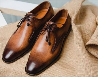 Tan Brown Leather Oxford Shoes Men, Handmade Dress Shoes, Cap Toe Formal Footwear, Classic Cap Toe Shoes, Luxury Gift for Him Event Shoes