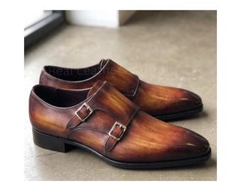 Hand-Stitched Black Brown Leather Monk Strap Dress Shoes – Business Footwear