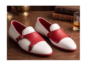 Men's White Red Leather Double Monk Strap Dress Shoes – Handmade Formal Wedding Footwear