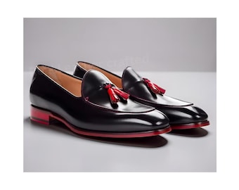 Men's Black Leather Tassel Loafers, Oxford Style Dress Shoes