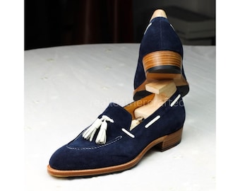 Navy Blue Suede Tassel Loafers – Premium Handmade Leather Designer Slip-On Shoes