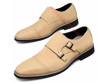Double Monk Strap Leather Shoes Handmade Formal Dress Wedding Business Brogue Shoes