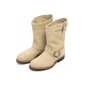 Buty inżynierskie Royal Boot Cream Suede z paskiem na klamrę i zapięciem na rzepy, motocyklowe, Unick Jamping Boot