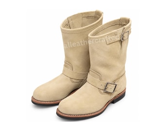 Royal Boot Cream Suede Engineer Boots Buckle Strap Motorcycle Unick Jamping Boot