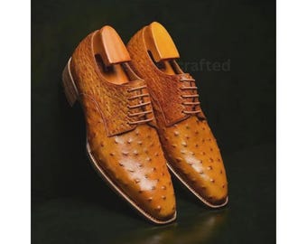 Oxford-schoenen van struisvogelleer voor heren, handgemaakte lichtbruine geklede schoenen, luxe bruilofts- en zakelijk schoeisel
