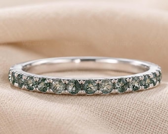 2mm Moss Agate Half Eternity Band, 925 Sterling Silver Stacking Band, Vintage Wedding Band, Minimalist Promise Ring Anniversary Gift For Her