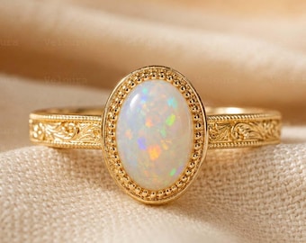 Oval Opal Engagement Ring, Bezel Set Vintage Gold Ring, Milgrain Solitaire Promise Ring, Engraved Antique Style Wedding Ring Gift for Love