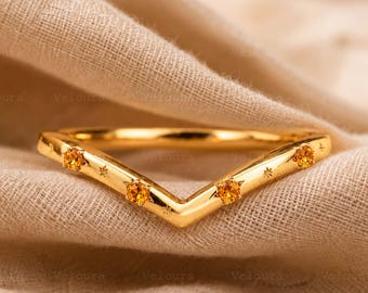 Anillo de boda curvo de citrino, anillo de oro macizo con diseño de chevrón, anillo apilable de citrino engastado en estrella, anillo de compromiso a juego en forma de V para mujer.