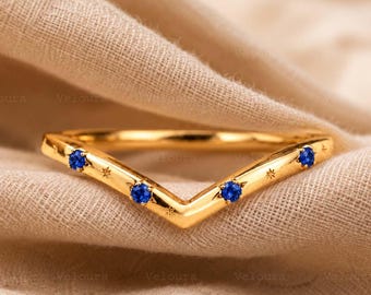 Anillo de boda curvo de zafiro, anillo de oro macizo con diseño de chevrón, anillo apilable de zafiro en forma de estrella, anillo de compromiso a juego en forma de V, alianza nupcial para mujer.
