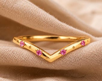 Alianza de boda curva de zafiro rosa, alianza de oro macizo con diseño de chevrón, anillo apilable con engaste de estrella, anillo de compromiso a juego en forma de V, alianza nupcial para mujer.
