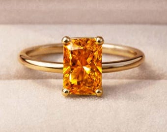 Anillo de citrino talla esmeralda, anillo de compromiso de citrino naranja, joyería de una sola piedra preciosa, anillo de piedra natal de noviembre, anillo solitario de citrino para mujer.