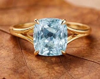 Elongated Cushion Cut Aquamarine Ring, Solitaire Aquamarine Engagement Ring, Minimalist Split Band Ring For Her, Vintage Cushion Cut Ring