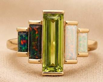 Baguette Cut Peridot Ring, Black Opal & White Opal Bezel Set Ring, Art Deco Five Stone Engagement Ring, Gold Wadding Promise Ring for Women