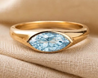 1.5 CT Marquise Aquamarine Ring in 14K Solid Gold, East West Bezel Engagement Ring, Modern Blue Gemstone Ring  Bridal Jewelry Gift for Love