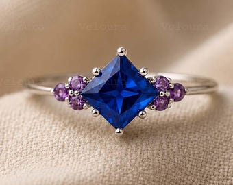 Anillo de boda vintage con zafiro talla princesa y amatista única en forma de racimo, oro macizo de 14 quilates, joyería nupcial para mujer, regalo de aniversario.