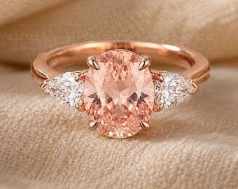Oval Morganite Engagement Ring, Pear Diamond Three Stone Ring, 14K Rose Gold Bridal Ring, Peach Pink Gemstone Ring, Anniversary Gift for Her