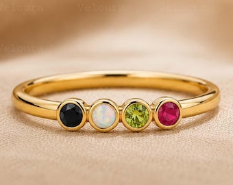 Personalized Family Birthstone Ring | Custom 1-4 Birthstone Ring | 14K Solid Gold Mother Ring | Bezel Gemstone Stacking Ring | Gift for Love