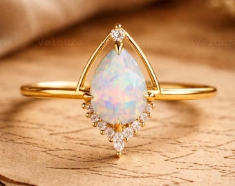 Yellow Gold Fire Opal and Diamond Gold Ring Pear shaped Small white Diamonds engagement ring Diamond ring Crown Ring  Engraved Jewelry