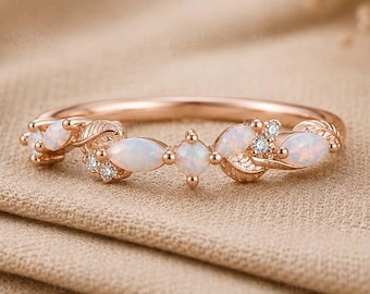 Marquise Opal Wedding Band, Diamond Leaf Wedding Ring, 14K Rose Gold Half Eternity Band, Nature Inspired Ring, Bridal Promise Gift for Women