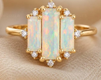 Baguette Opal Engagement Ring Diamond Gold Ring Minimalist Promise Ring October Birthstone, Vintage Cluster Ring Bridal Jewelry Gift For Her