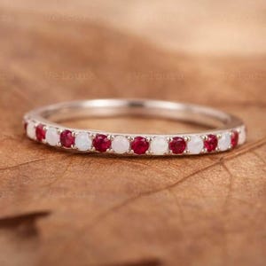 Opal Ruby Wedding Band Unique Half Eternity band 18k Solid White Gold Opal and Red Ruby Band Anniversary Gift Women Promise Ring
