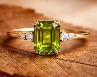 Emerald Cut Green Peridot Engagement Ring Diamond Bridal Ring Yellow Gold Plated Promise August Birthstone Ring Birthday Gift For Her