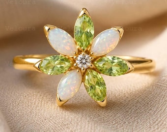 Marquise Peridot & Opal Flower Ring, Moissanite Floral Engagement Ring, Botanical Statement Ring, Nature Inspired Promise Ring, Gift for Her