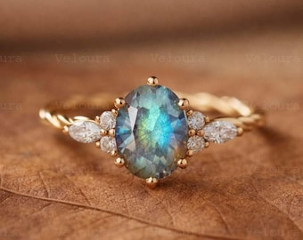 Labradorite Moissanite Diamond Ring 14K Solid Gold, Cluster Twisted Band Engagement Ring, Vintage Inspired Wedding Jewelry Gift For Women