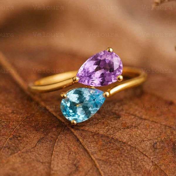 Anel Toi et Moi em Ouro 14K com Ametista e Água-marinha, Anel de Noivado com Abertura Aberta, Joia com Duas Pedras, Presente Ideal para Ela, Anel Ajustável