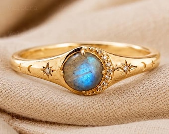 Natural Labradorite Crescent Moon Star Ring 14K Solid Gold Diamond Engagement Ring Vintage Proposal Ring Unique Bridal Promise Ring for Love