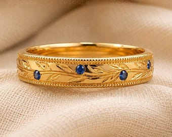 Anillo de boda con zafiro azul en forma de hoja, delicado anillo de oro con gema, estilo vintage grabado en forma de hoja, apilable, regalo personalizado para ella, aniversario.
