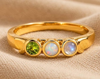 Custom Family Birthstone Band Personalized 3 Stone Birthstone Band, Peridot Opal Moonstone Band Promise Ring for Love for Life, Gift for Mom