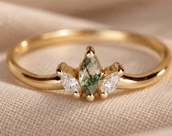 Anillo de compromiso de ágata musgosa marquesa, anillo de oro de 14 quilates inspirado en la naturaleza, anillo de tiara nupcial vintage, regalo de promesa único para ella.