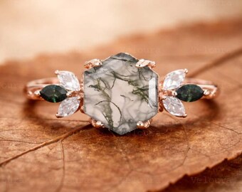Vintage Hexagon Moss Agate Ring Silver Rose Gold Moissanite Cluster Ring Moss Agate Engagement Ring Marquise Cluster Anniversary Stack Ring