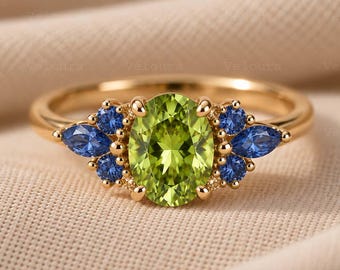 Bague de fiançailles en péridot ovale de 1,50 carat, bague vintage en saphirs bleus taille marquise, bague de promesse Art Déco en or 14 carats, cadeau d'amour