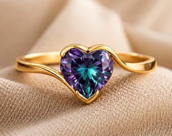 Anillo de alejandrita con forma de corazón, oro amarillo de 14 quilates, anillo de promesa, anillo de compromiso con alejandrita que cambia de color, regalo romántico minimalista con forma de corazón para el amor.