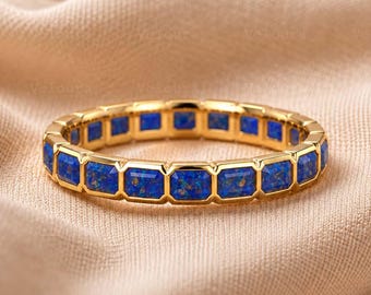 Anillo de compromiso de lujo único con lapislázuli estilo art déco, alianza de boda de oro de 14 quilates, engaste biselado, regalo de aniversario.
