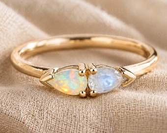 Pear Cut Opal & Moonstone Toi et Moi Ring, Two Stone Gemstone Ring, Gold Engagement Ring, Vintage Wadding Jewelry, Unique Promise Ring Gift