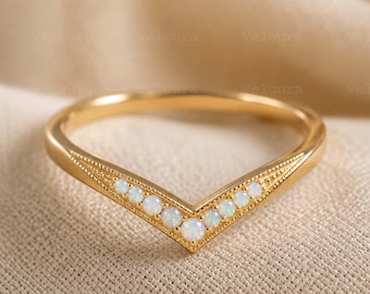 Curved Opal Wedding Band 14K Gold, V Shape Chevron Band, Opal Stacking Band, Matching Bridal Enhancer Ring, Engagement Ring Anniversary Gift