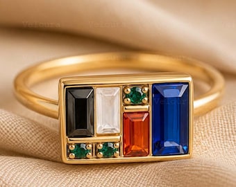 Art Deco Multi Gemstone Box Ring, 14K Solid Gold Baguette Sapphire Ring, Geometric Statement Wadding Ring, Unique Anniversary Gift for Love