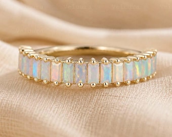 Unique Baguette Cut Opal Wedding Band 14K Solid Gold Engagement Ring Half Eternity Band Vintage Bridal Jewelry Anniversary Gift For Women