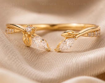 Alliance open Gap en moissanite taille marquise, feuille d'or jaune, bijoux faits main, bague de fiançailles, bague de promesse, cadeau d'anniversaire pour elle