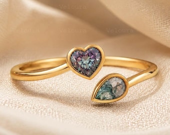 Alexandrite Moss Agate Ring, Toi et Moi Engagement Ring, Heart & Pear Cut Bezel Set, 18K Yellow Gold Two Stone Ring, Wadding Gift for Love